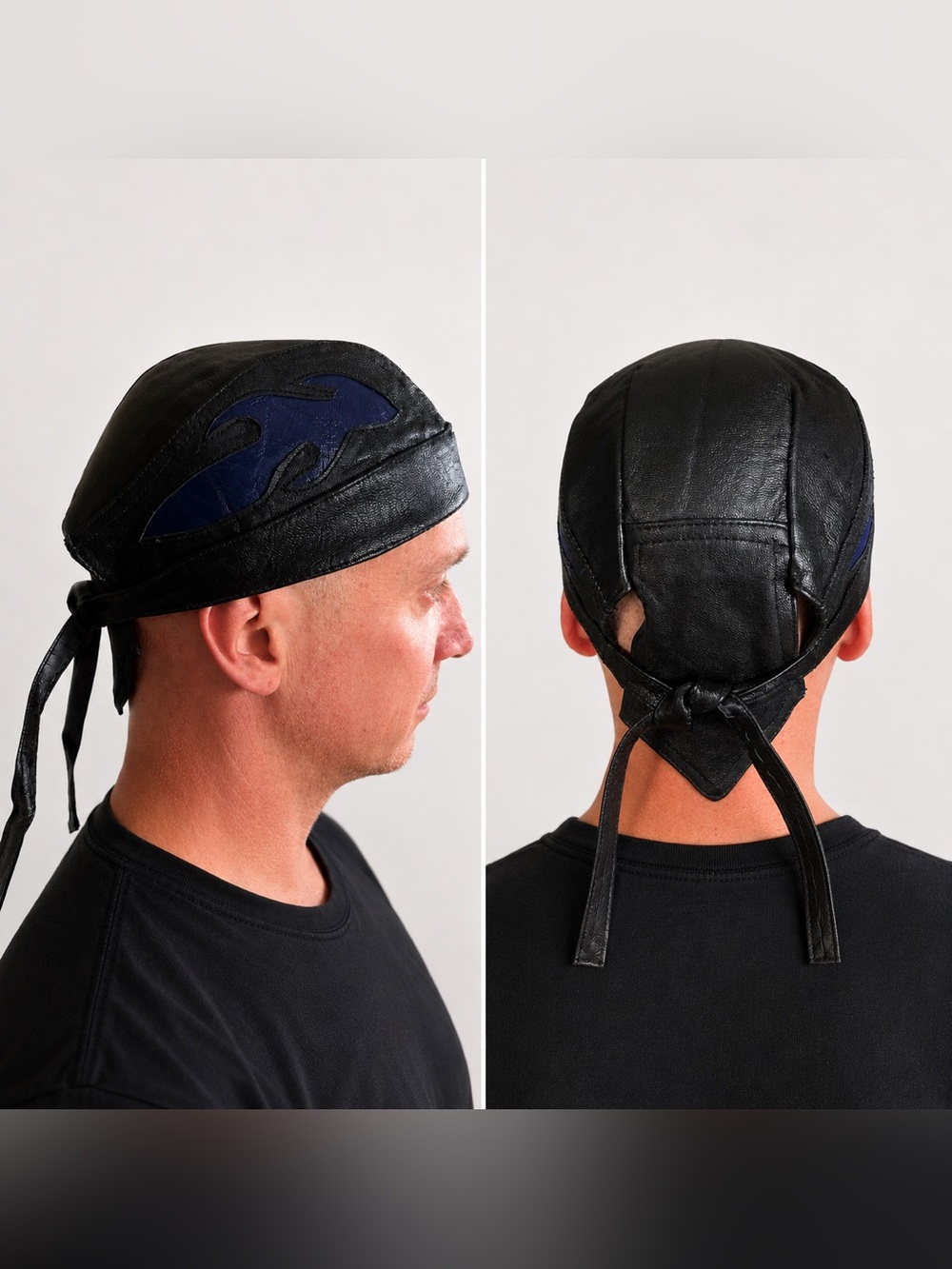 Leather Club Black Leather Skull Cap Blue Flame Biker Motorcycle Head Wrap